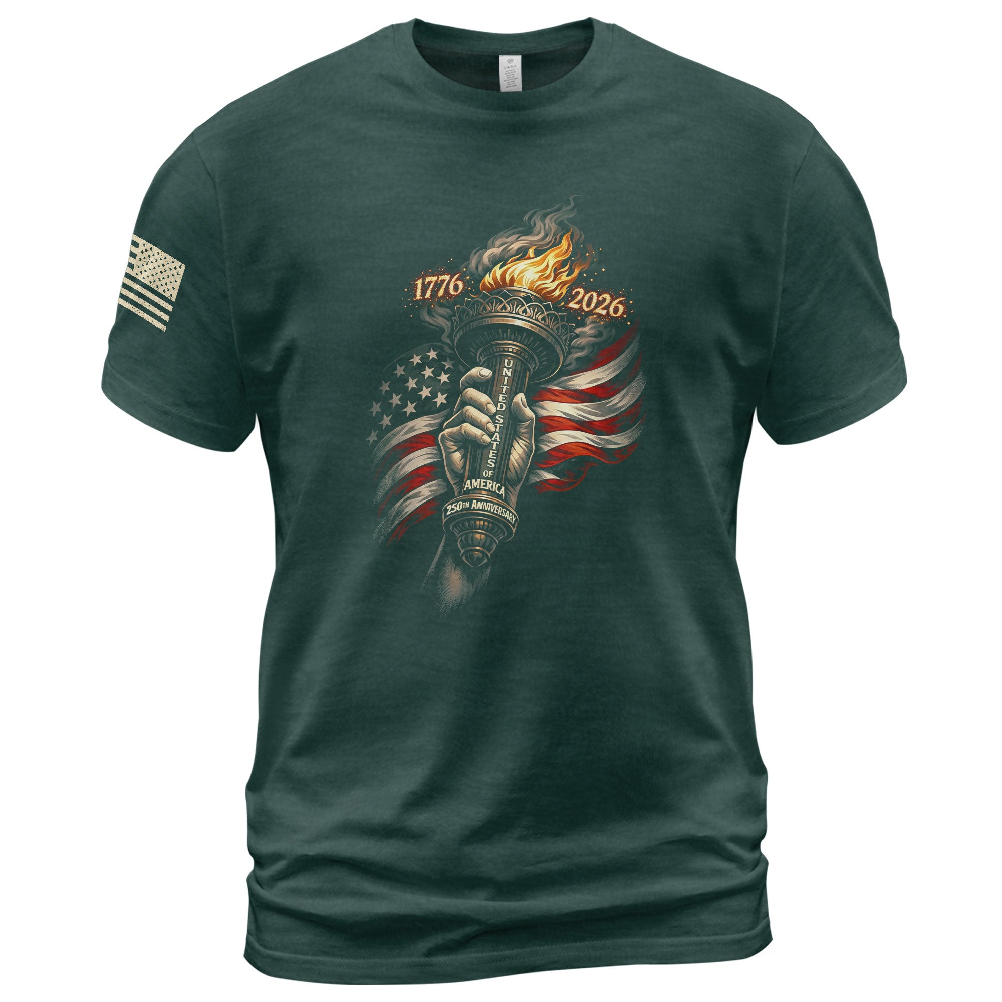 1776-2026 250th Anniversary Patriotic T-Shirt Statue of Liberty Torch USA Flag Tee