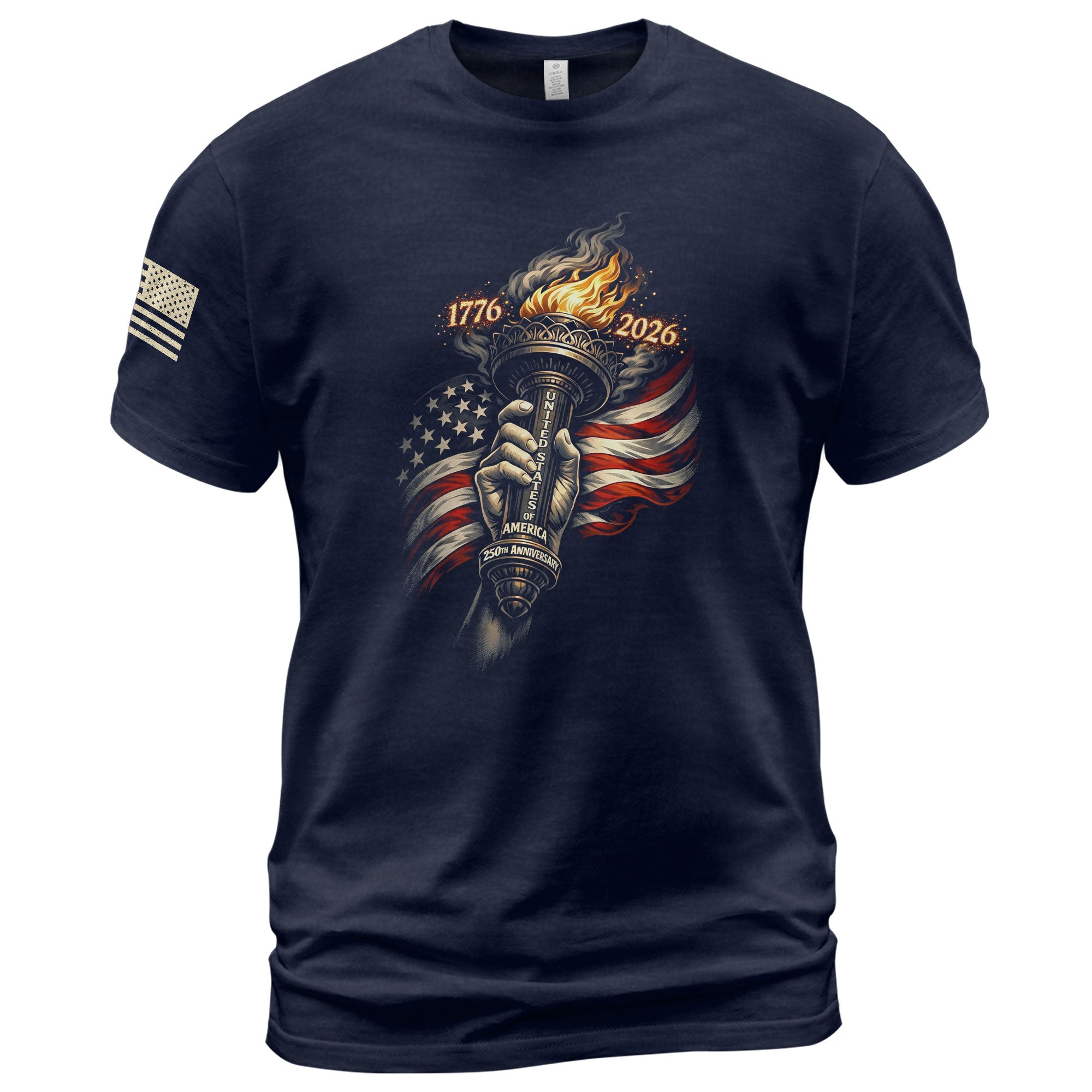 1776-2026 250th Anniversary Patriotic T-Shirt Statue of Liberty Torch USA Flag Tee