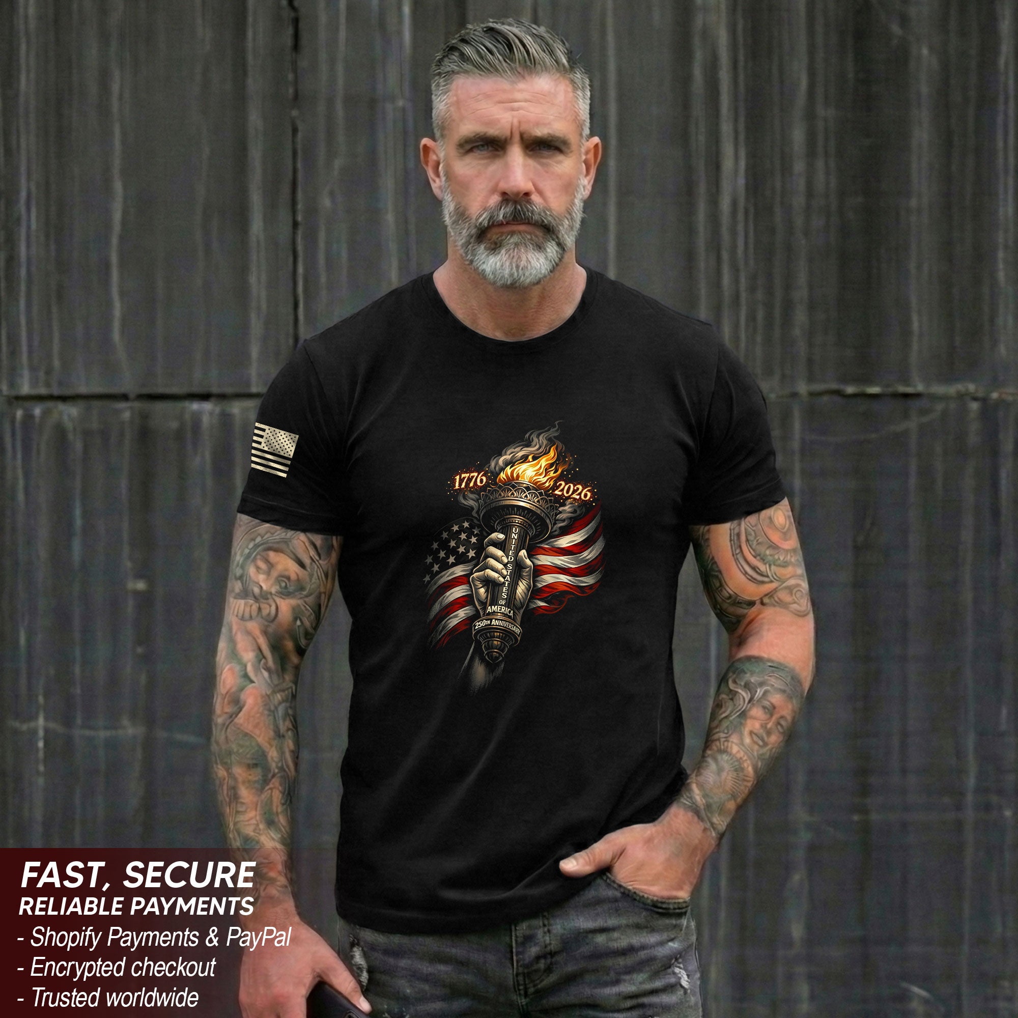 1776-2026 250th Anniversary Patriotic T-Shirt Statue of Liberty Torch USA Flag Tee
