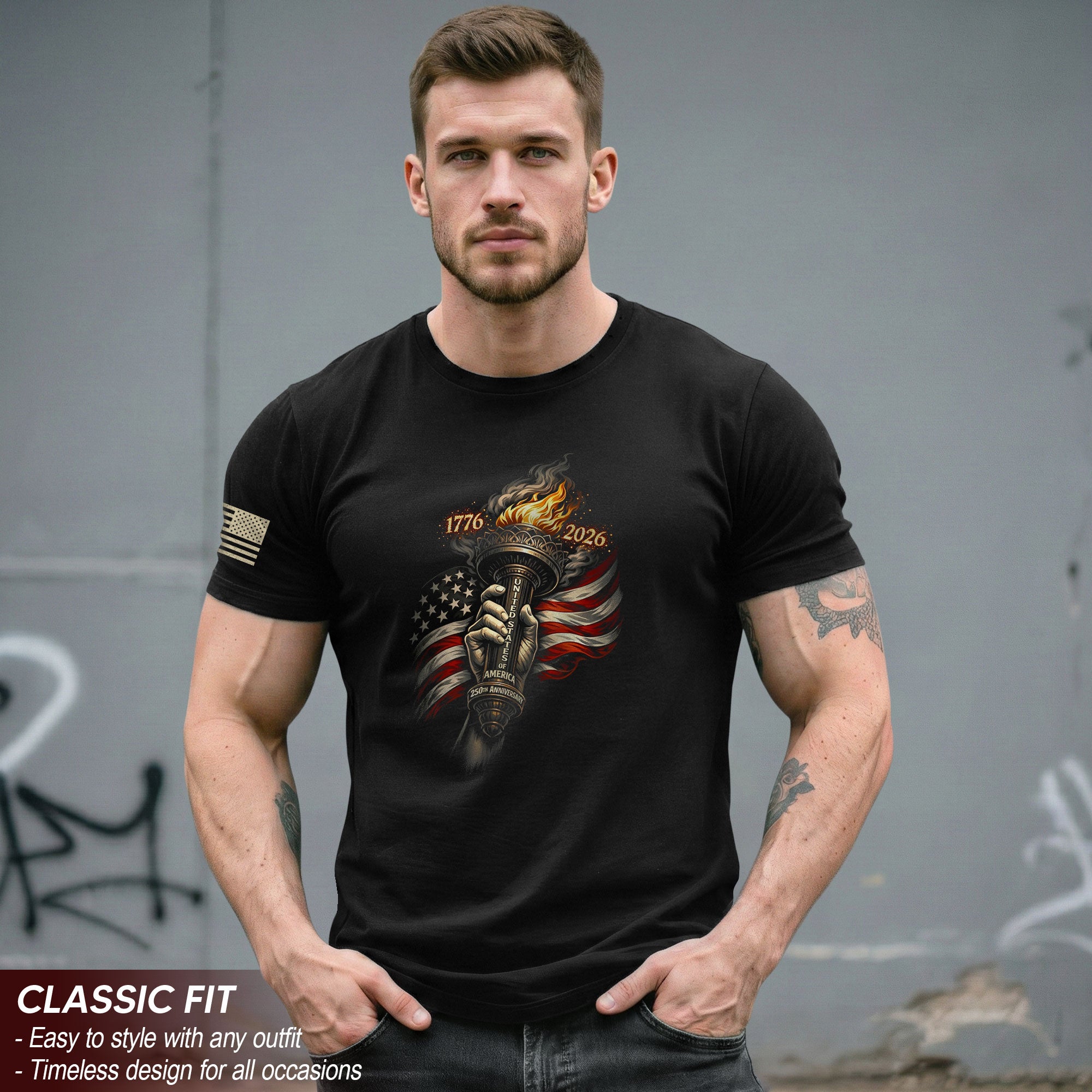 1776-2026 250th Anniversary Patriotic T-Shirt Statue of Liberty Torch USA Flag Tee