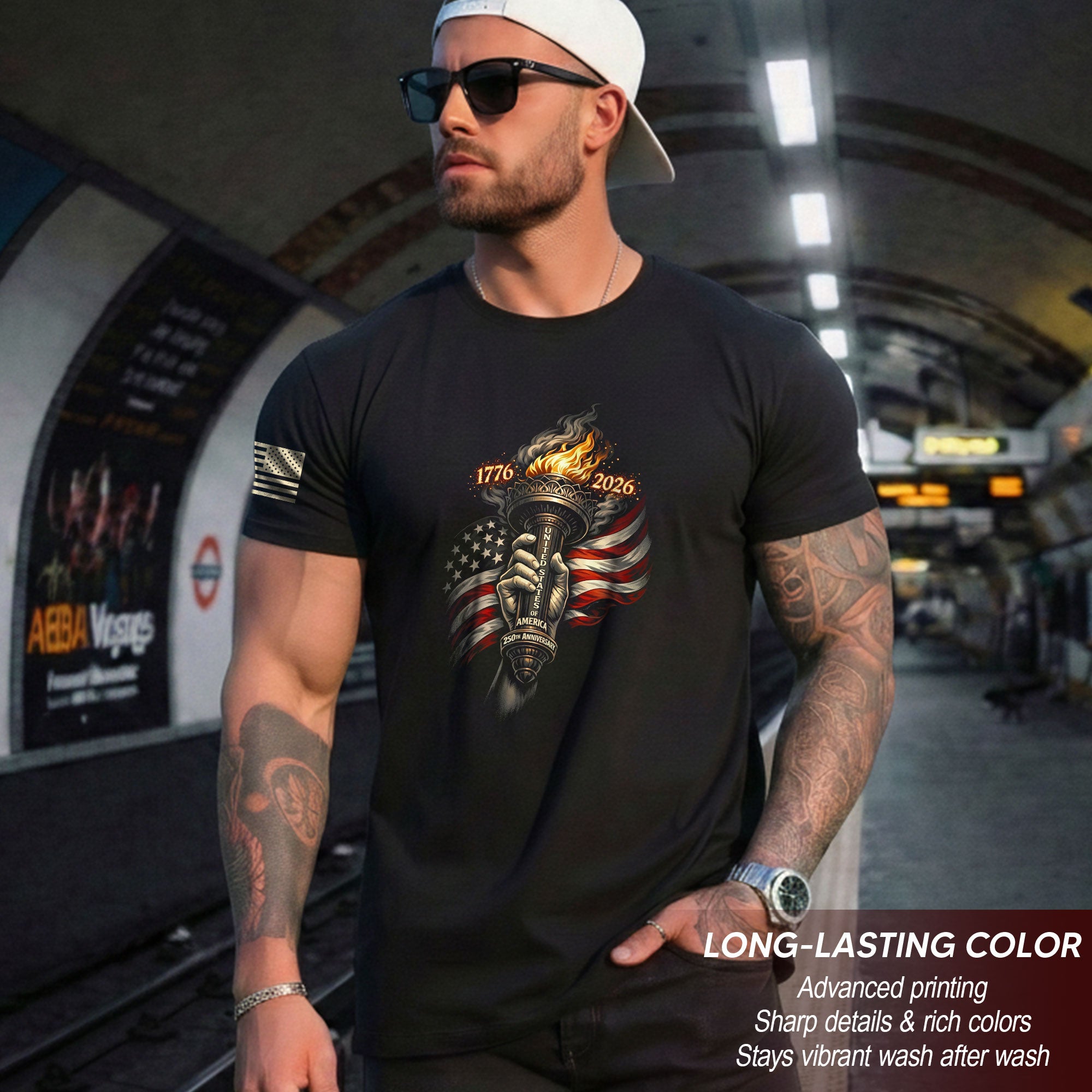 1776-2026 250th Anniversary Patriotic T-Shirt Statue of Liberty Torch USA Flag Tee