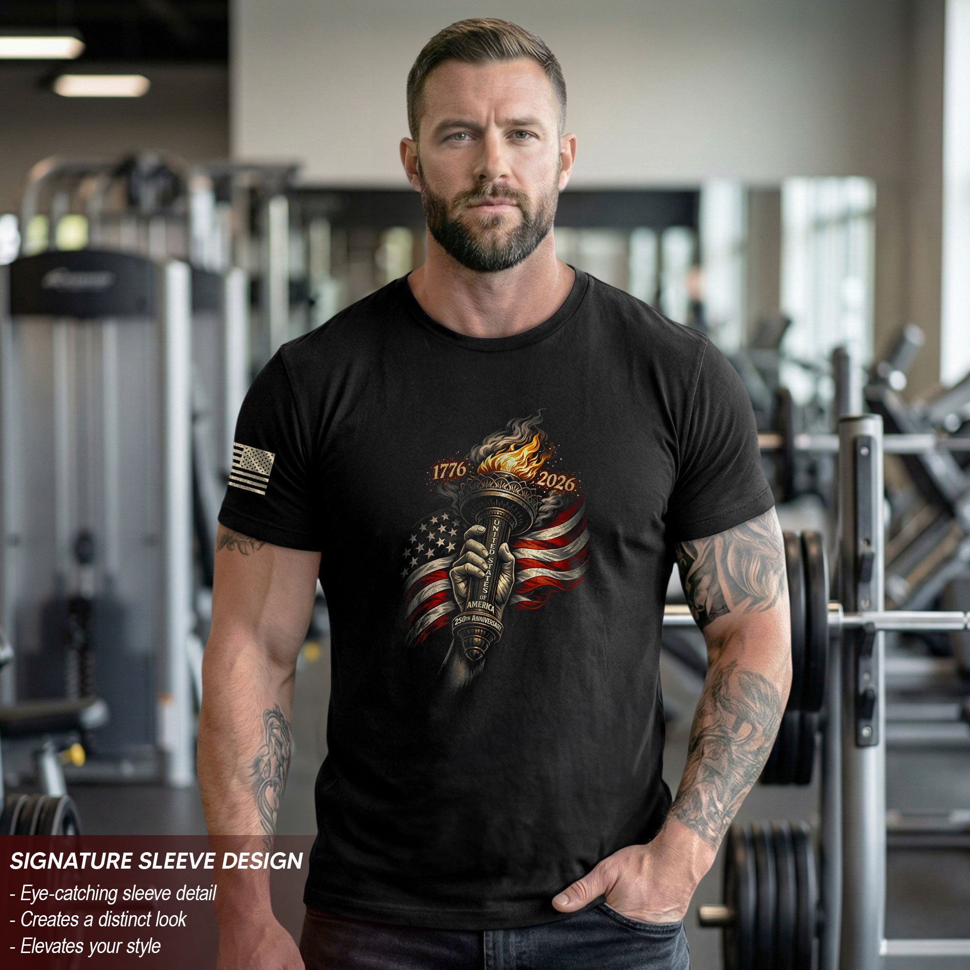 1776-2026 250th Anniversary Patriotic T-Shirt Statue of Liberty Torch USA Flag Tee