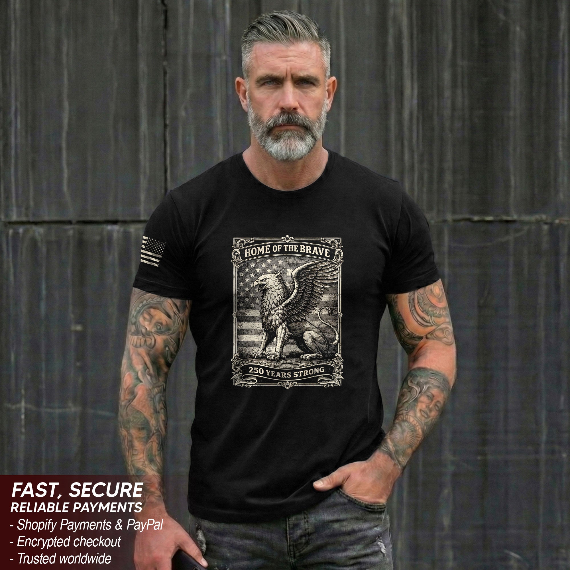 America 250th Anniversary T-Shirt 1776-2026 Home of the Brave Griffin & Flag Tee