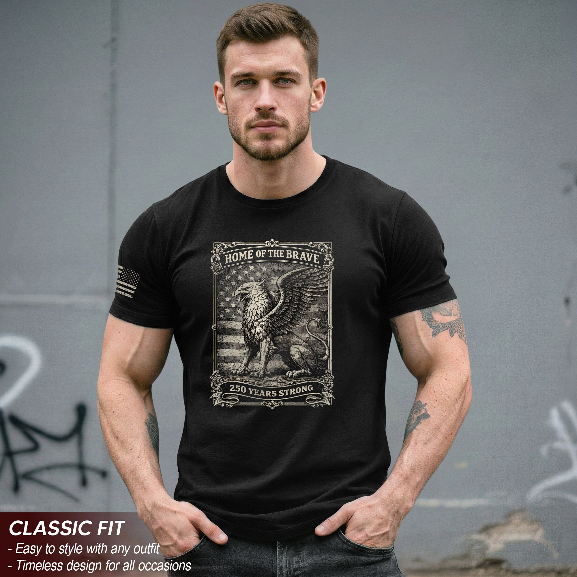 America 250th Anniversary T-Shirt 1776-2026 Home of the Brave Griffin & Flag Tee