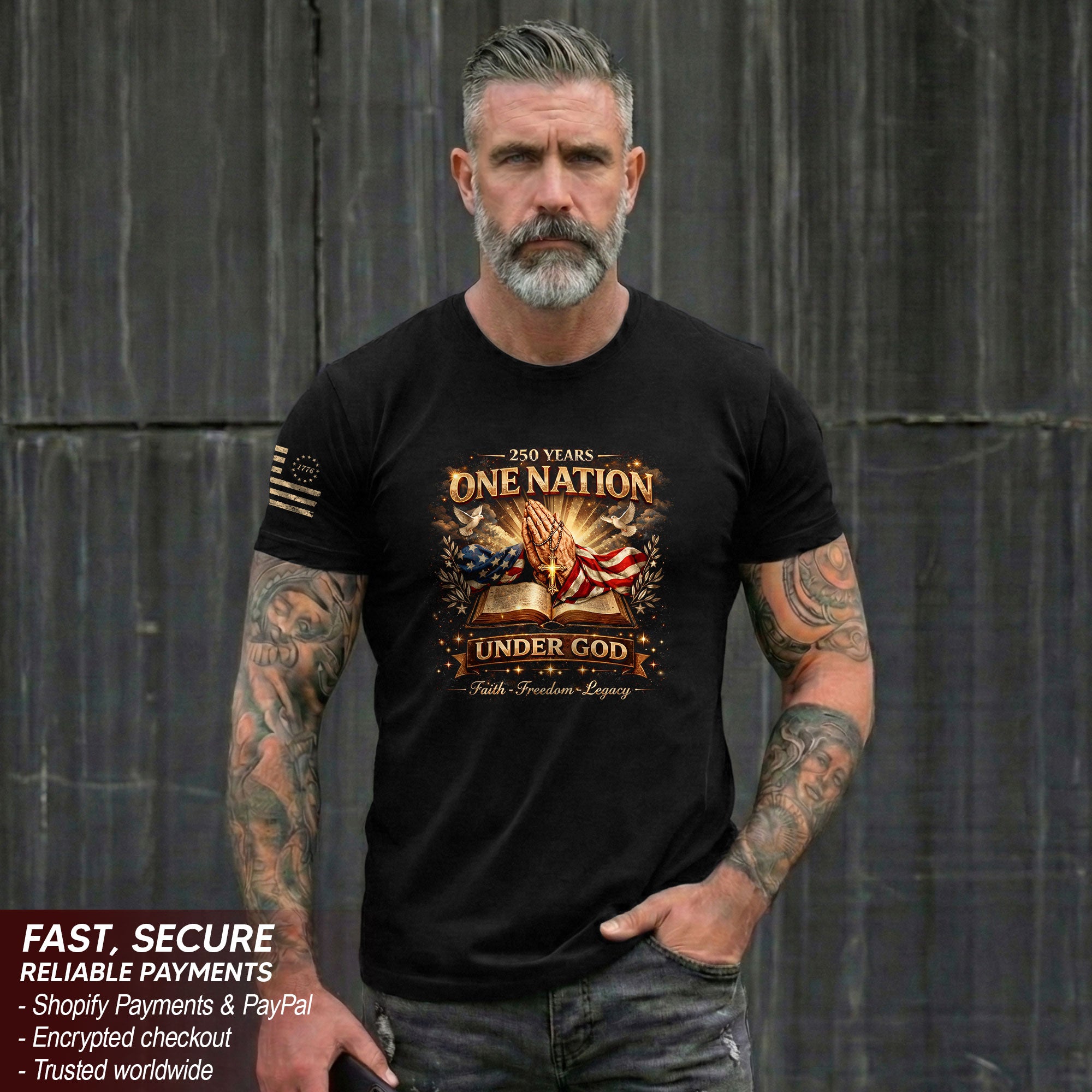 One Nation Under God 250th America Birthday 1776-2026 T-Shirt Praying Hands Patriotic