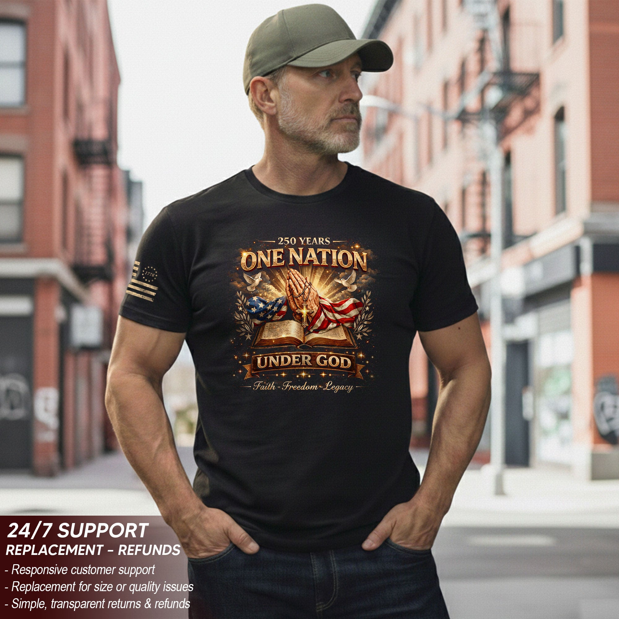 One Nation Under God 250th America Birthday 1776-2026 T-Shirt Praying Hands Patriotic