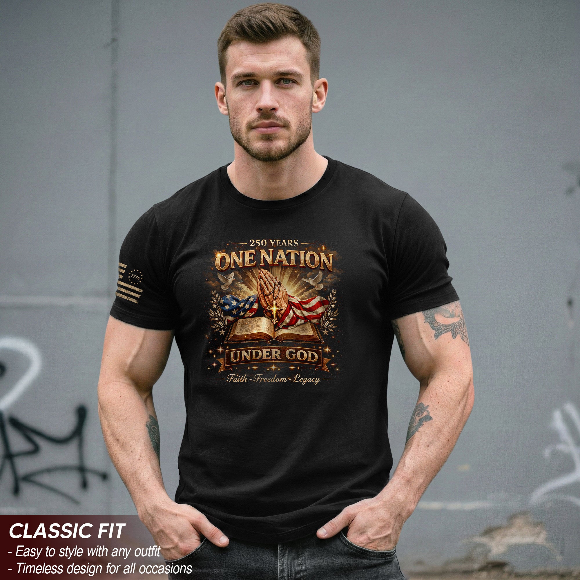 One Nation Under God 250th America Birthday 1776-2026 T-Shirt Praying Hands Patriotic