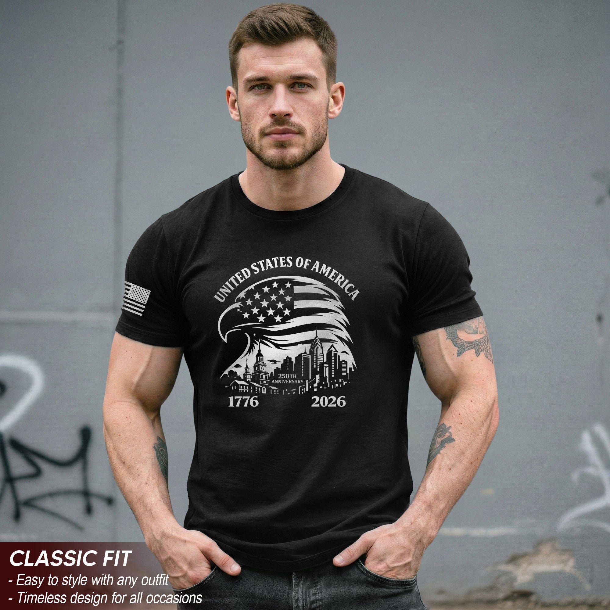 USA 250th Anniversary 1776-2026 Men's T-Shirt with Eagle and American Flag Patriotic Design