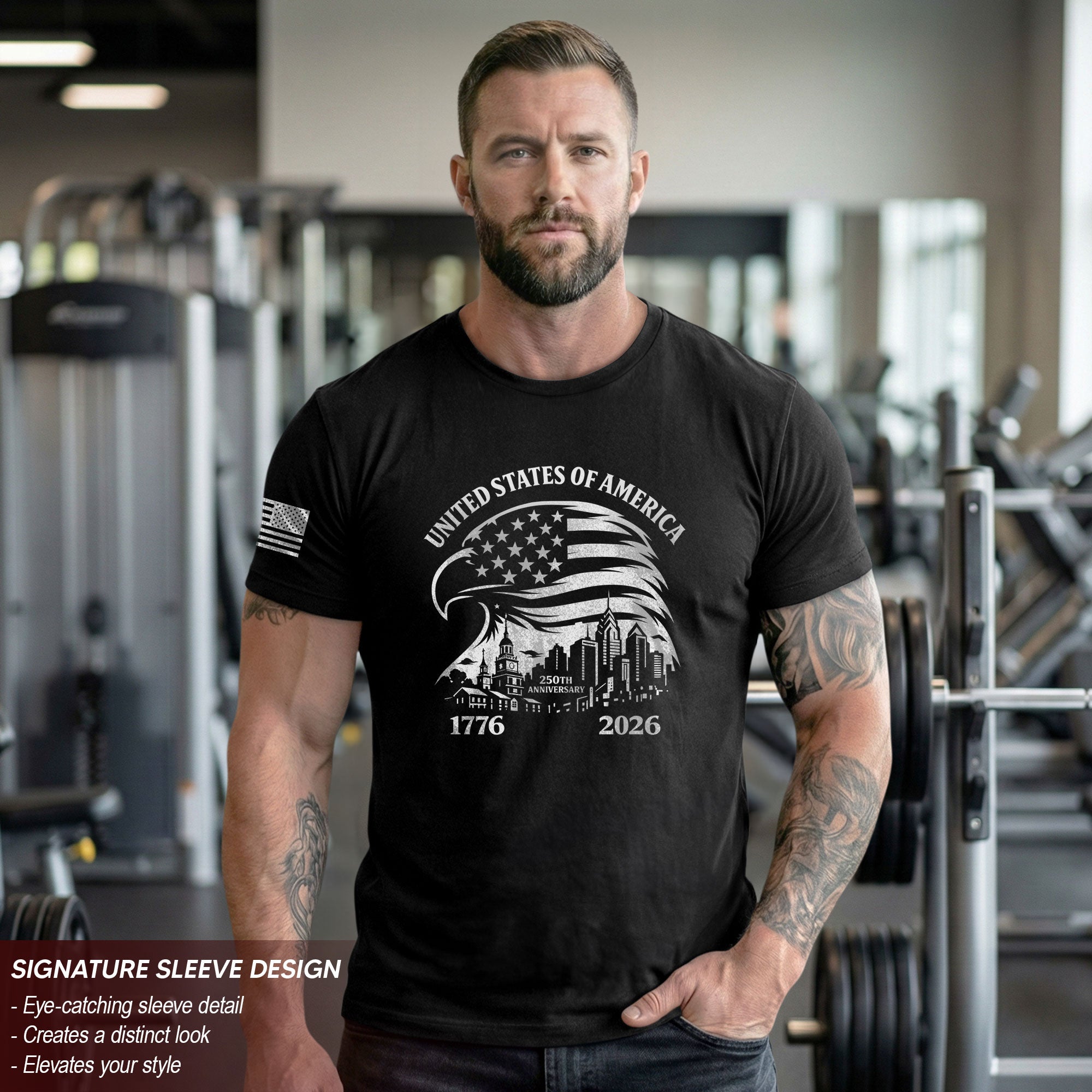 USA 250th Anniversary 1776-2026 Men's T-Shirt with Eagle and American Flag Patriotic Design